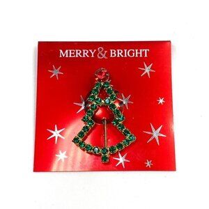 Merry & Bright Crystal Studded Christmas Tree Pin Green Red & Gold 1.75" NWOT